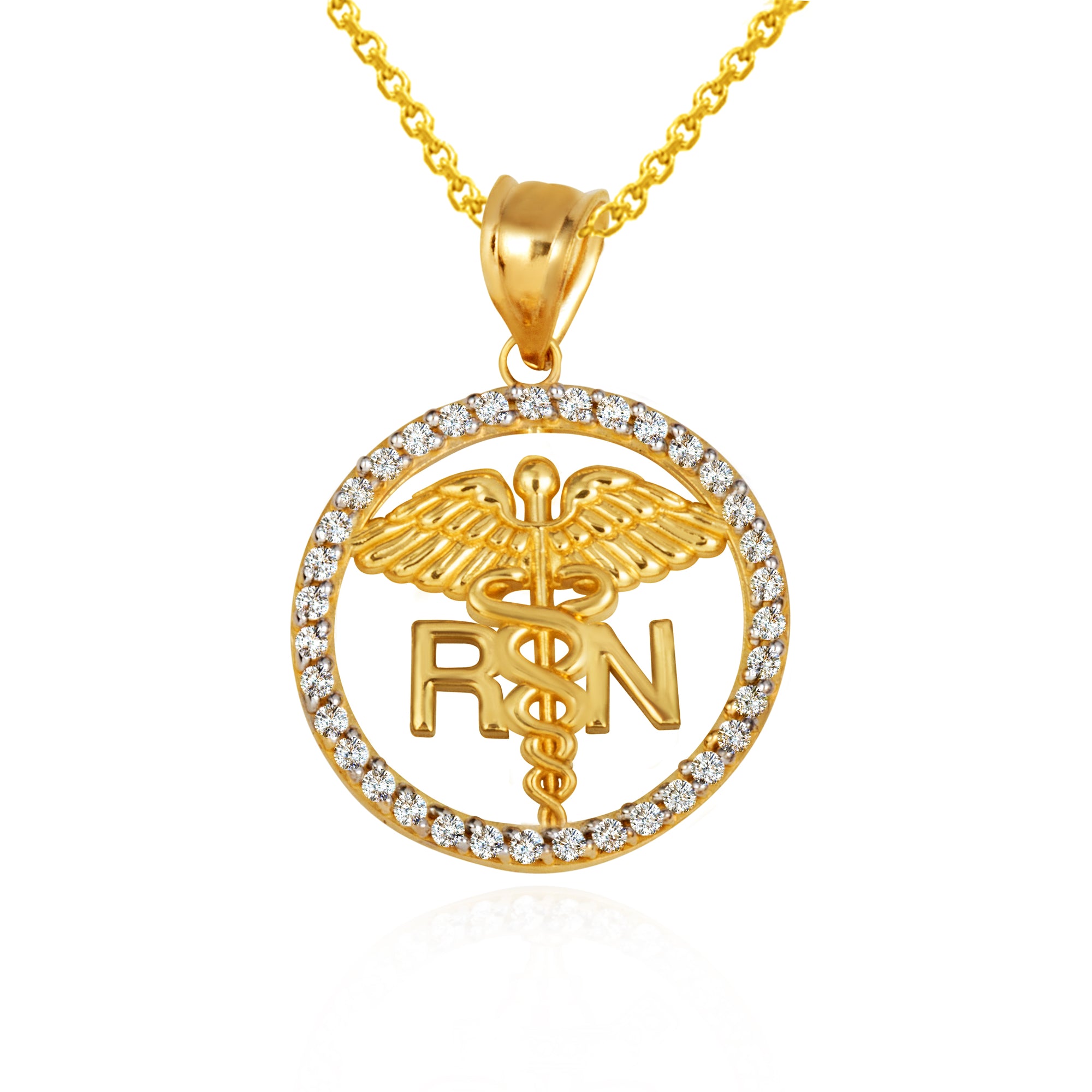 Solid Gold RN Registered Nurse Medical Caduceus Staff Cubic Zirconia Halo Pendant Necklace, view 7