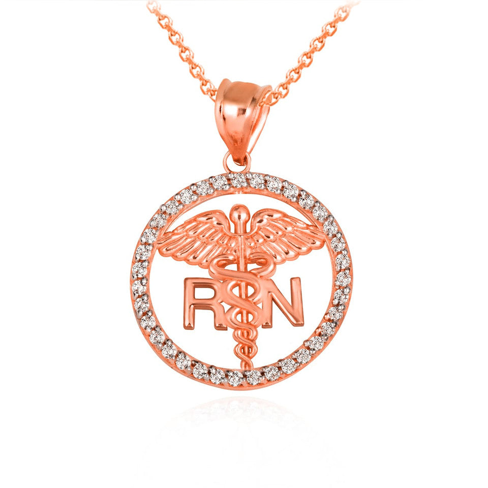 Solid Gold RN Registered Nurse Medical Caduceus Staff Cubic Zirconia Halo Pendant Necklace, view 8
