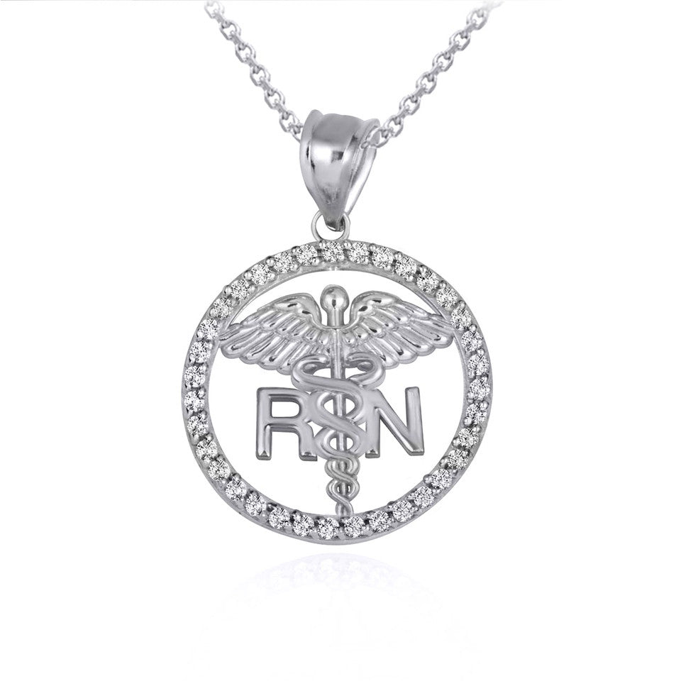 Solid Gold RN Registered Nurse Medical Caduceus Staff Cubic Zirconia Halo Pendant Necklace, view 9