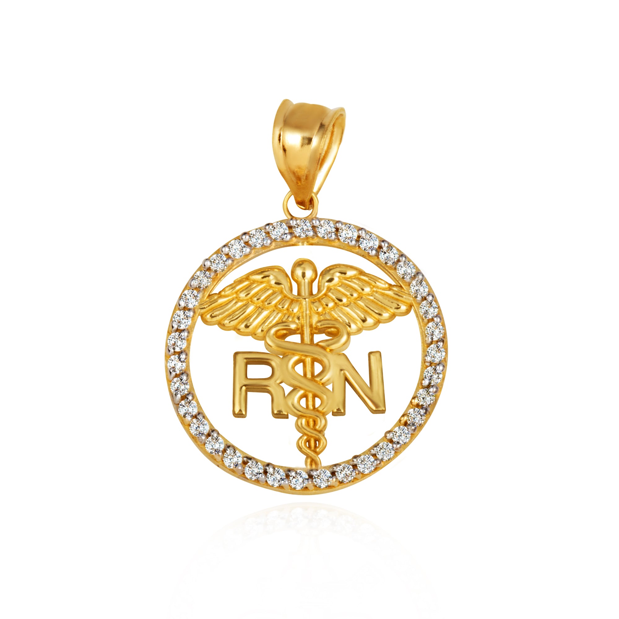 Solid Gold RN Registered Nurse Medical Caduceus Staff Cubic Zirconia Halo Pendant Necklace, view 10