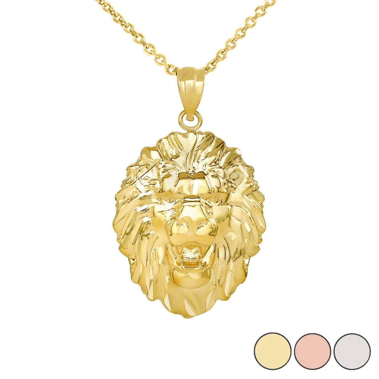 Solid Gold Roaring Lion King Head Pendant Necklace