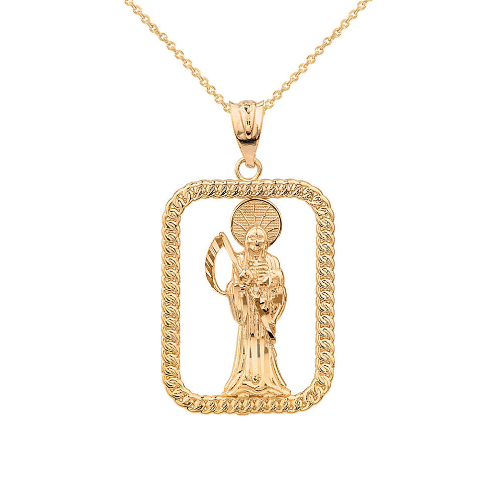 Solid Gold Rope Frame Diamond Cut Santa Muerte Rectangle Pendant Necklace