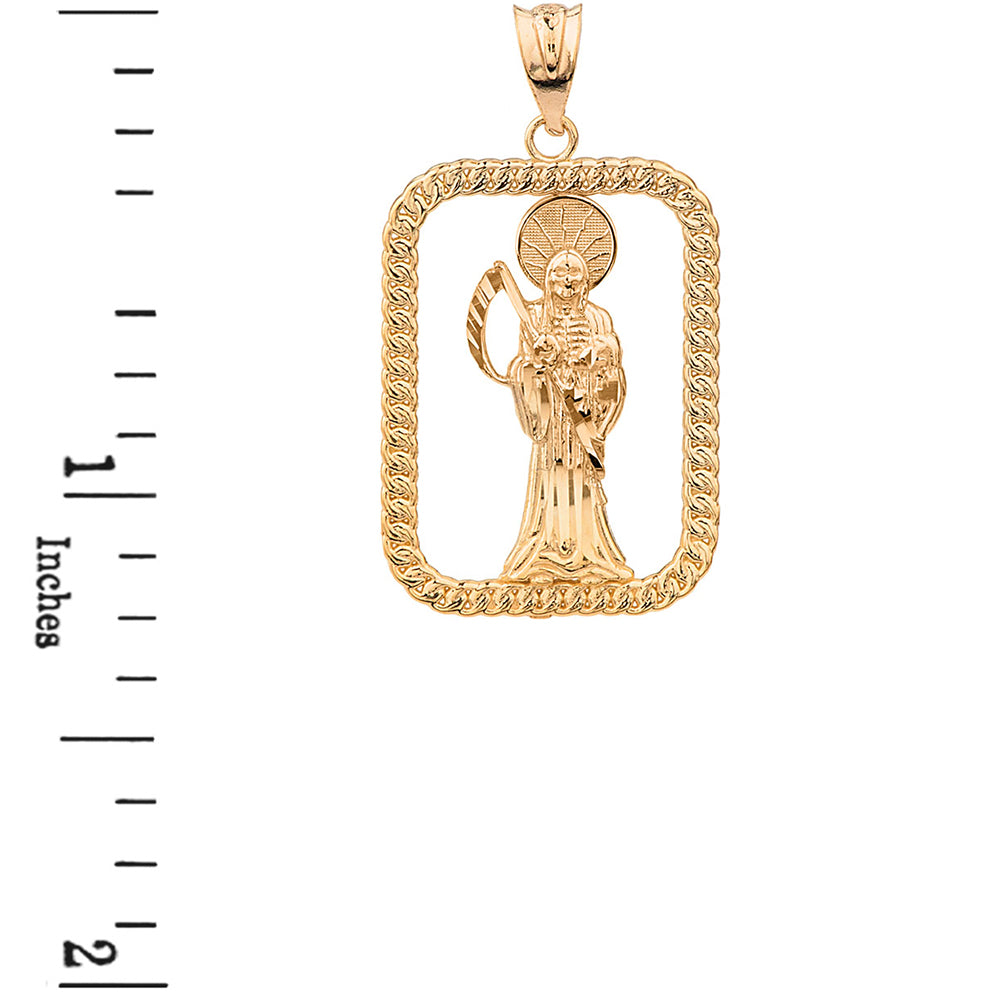 Solid Gold Rope Frame Diamond Cut Santa Muerte Rectangle Pendant Necklace, view 2