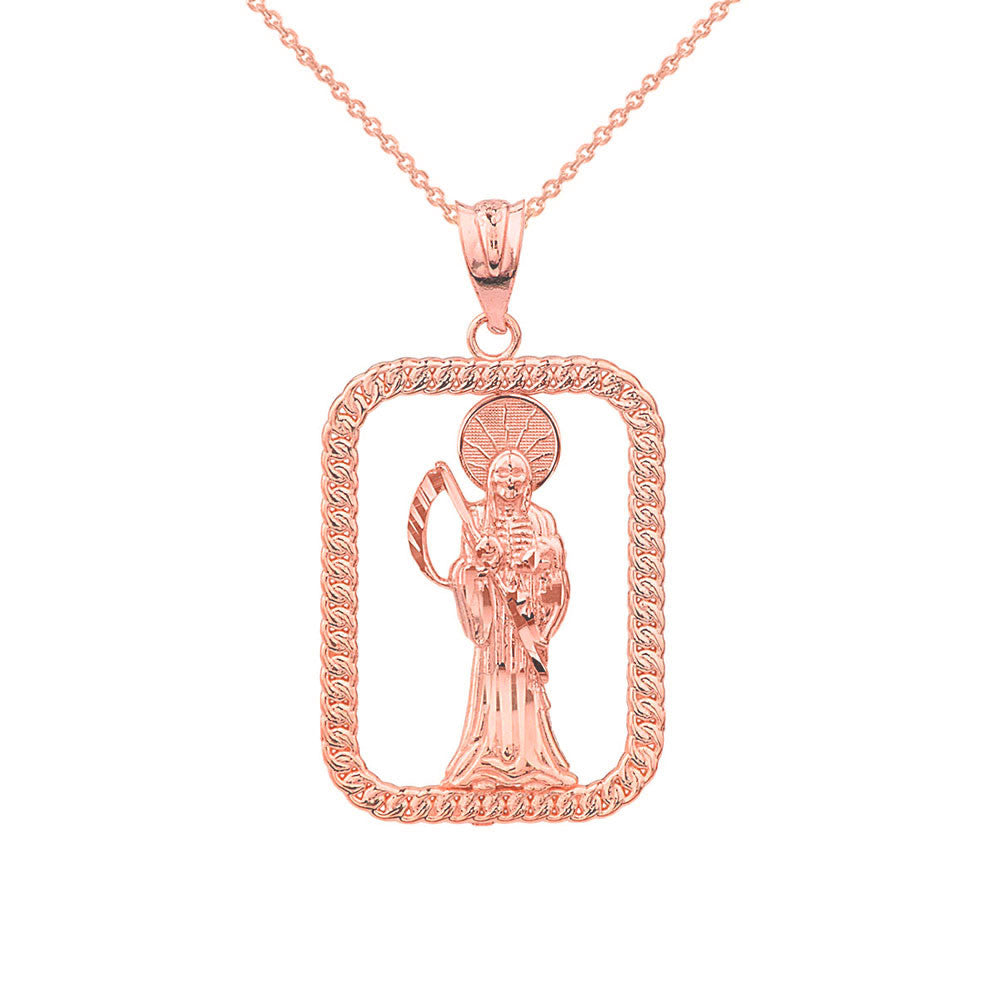 Solid Gold Rope Frame Diamond Cut Santa Muerte Rectangle Pendant Necklace, view 3