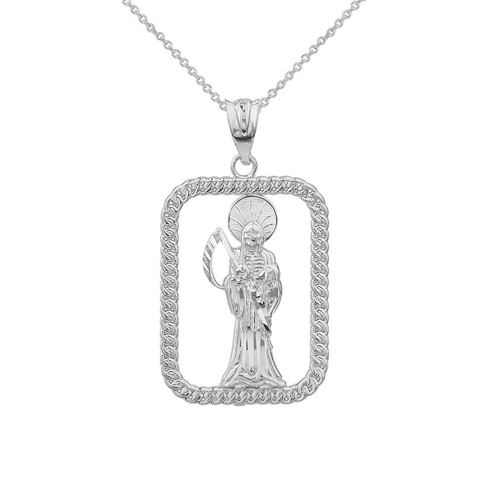 Solid Gold Rope Frame Diamond Cut Santa Muerte Rectangle Pendant Necklace, view 4