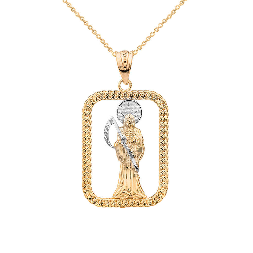 Solid Gold Rope Frame Diamond Cut Santa Muerte Rectangle Pendant Necklace, view 5