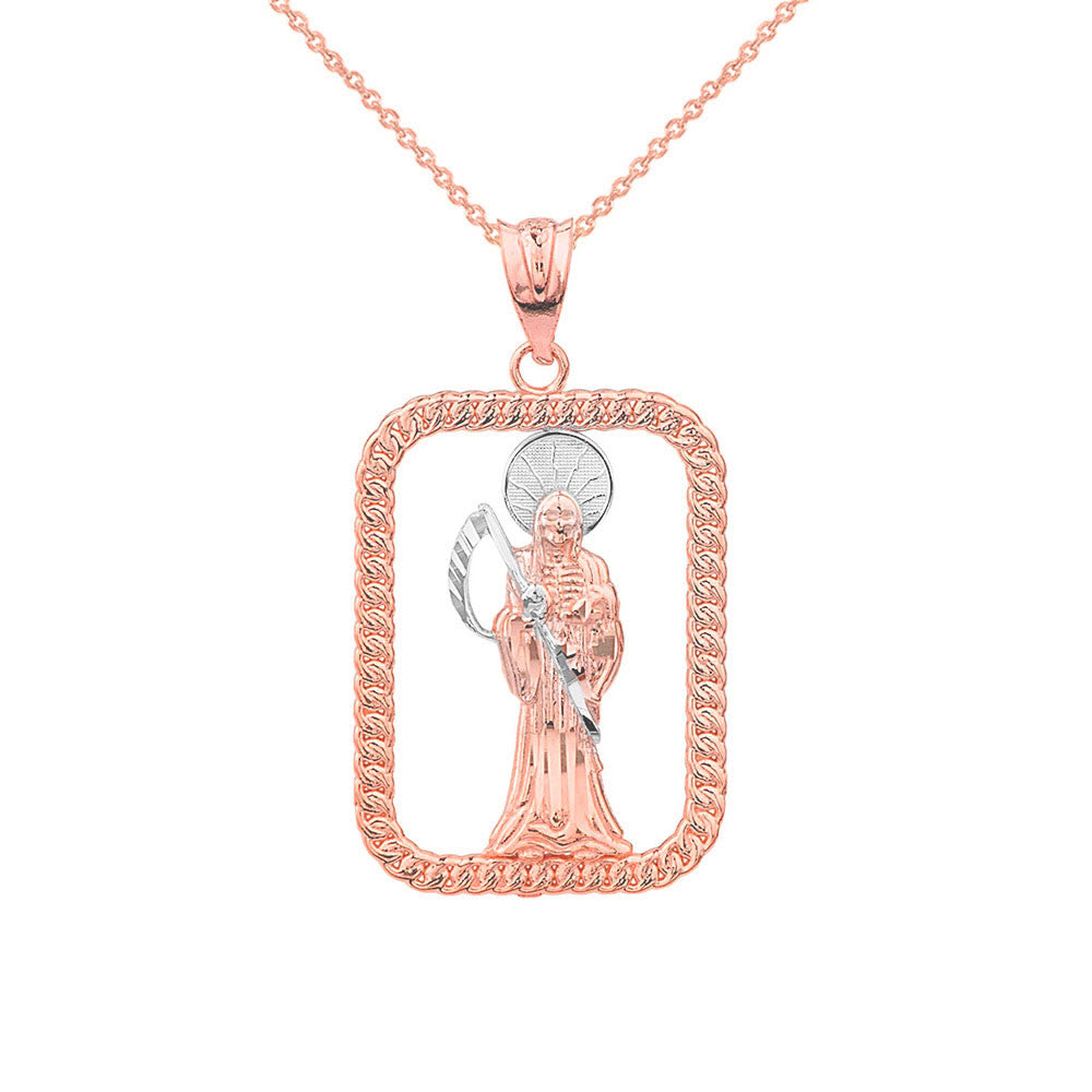 Solid Gold Rope Frame Diamond Cut Santa Muerte Rectangle Pendant Necklace, view 6