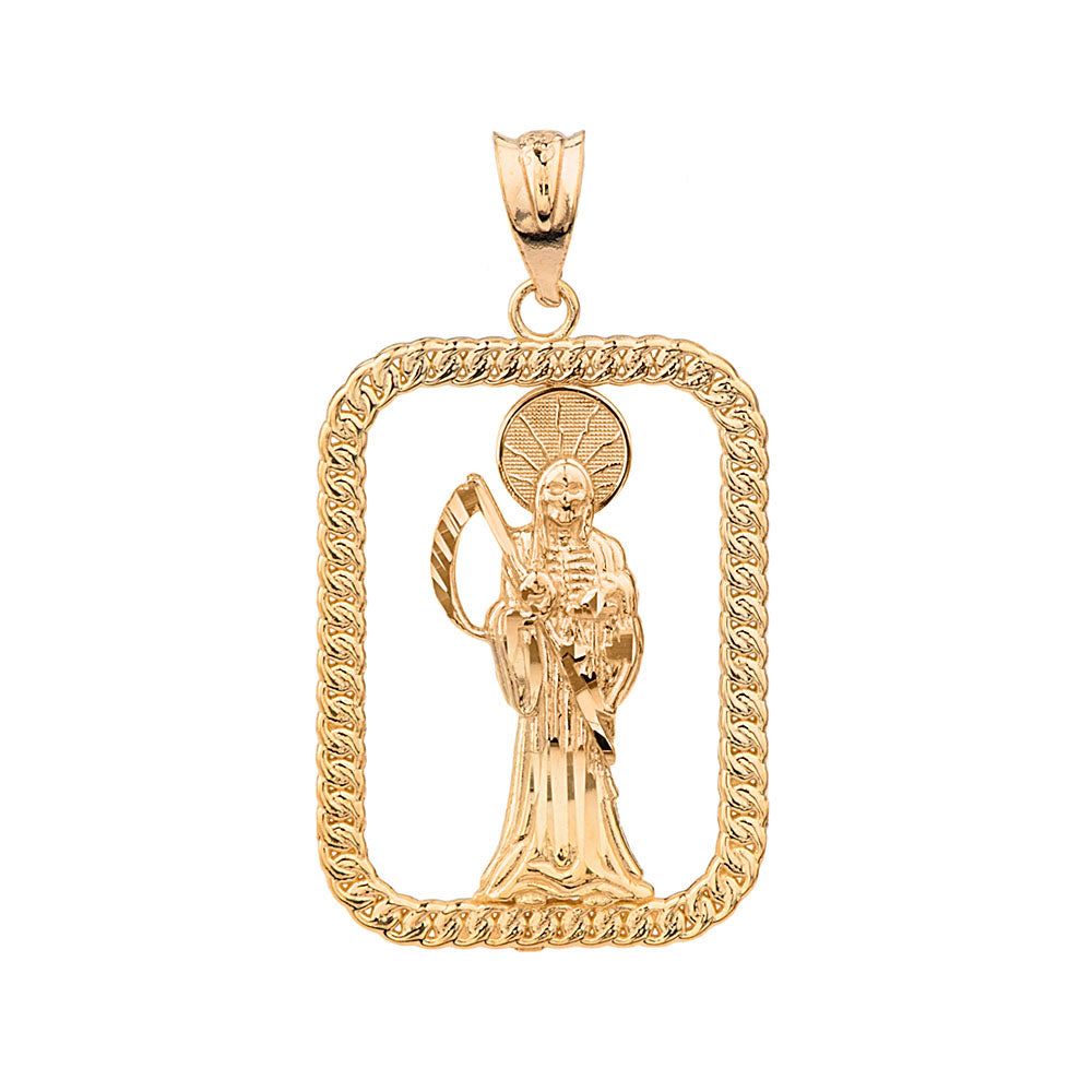 Solid Gold Rope Frame Diamond Cut Santa Muerte Rectangle Pendant Necklace, view 7