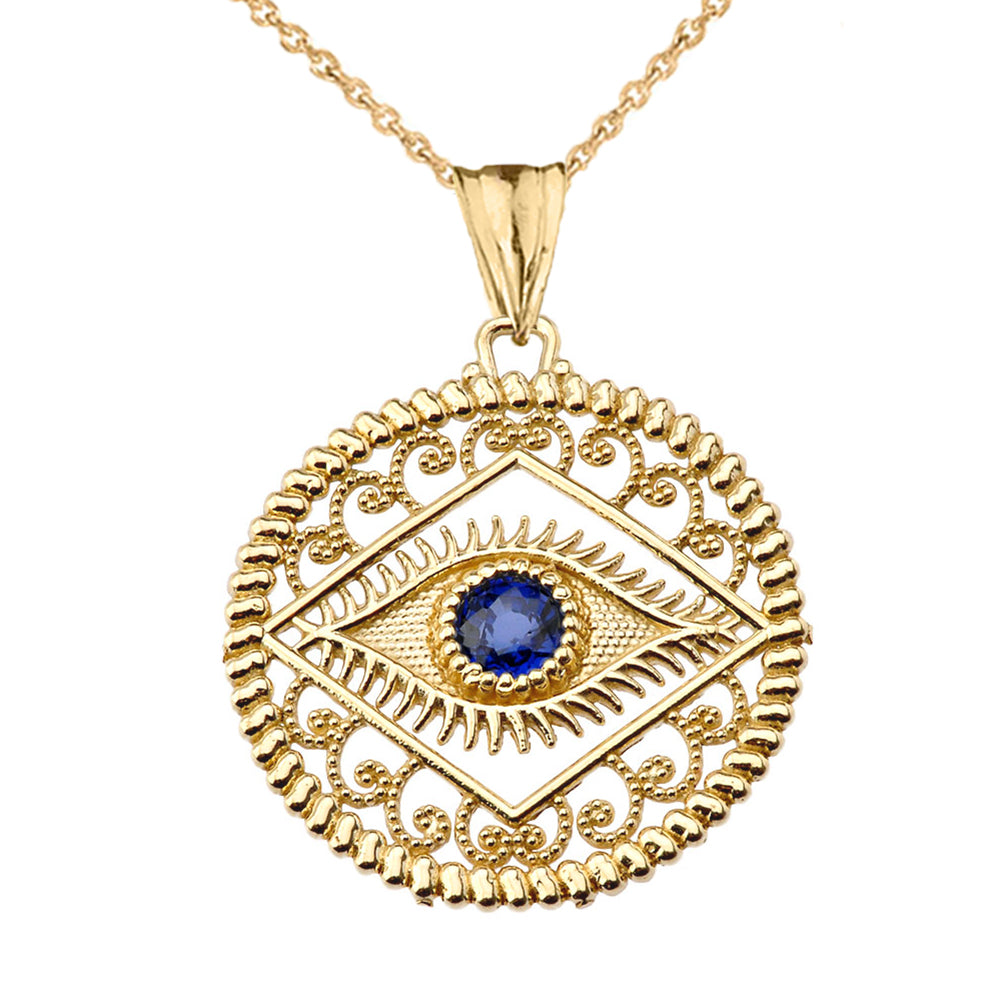 Solid Gold Round Filigree Evil Eye Pendant Necklace