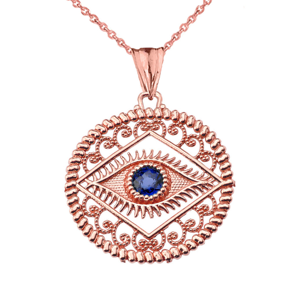 Solid Gold Round Filigree Evil Eye Pendant Necklace, view 2