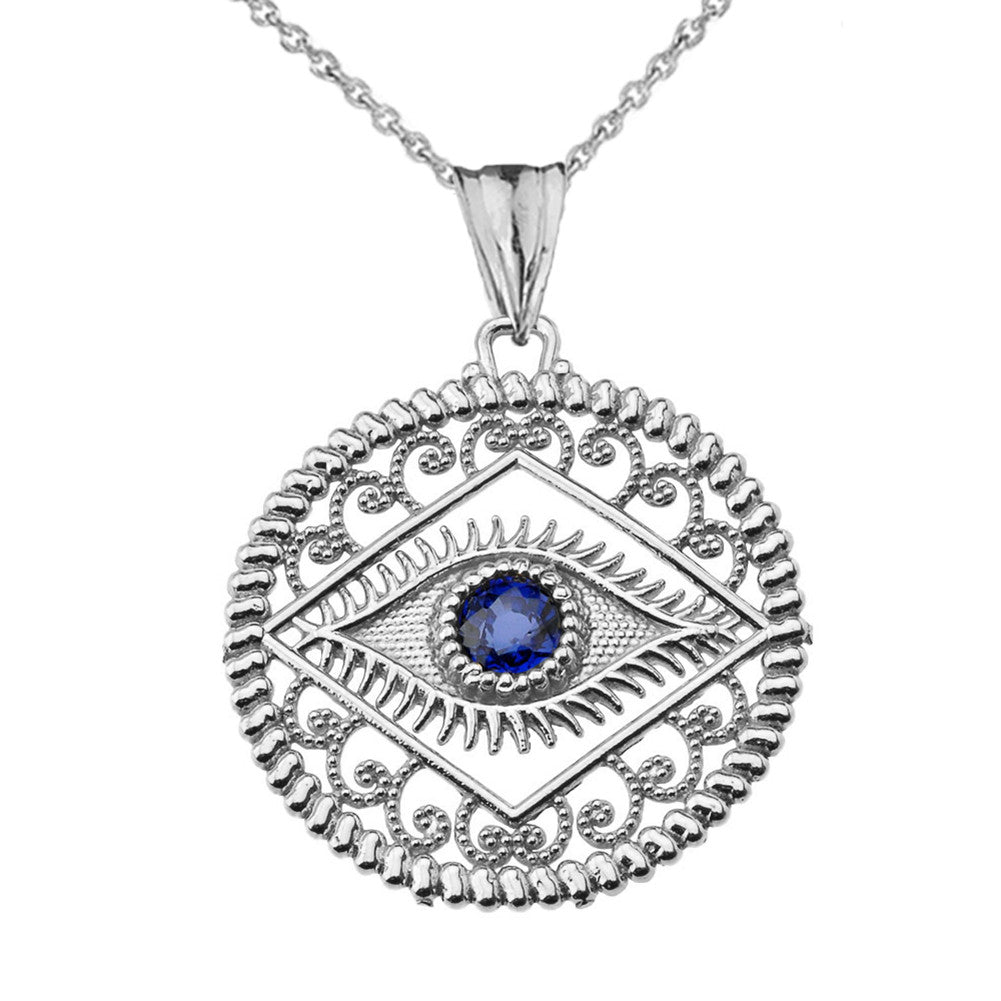 Solid Gold Round Filigree Evil Eye Pendant Necklace, view 3