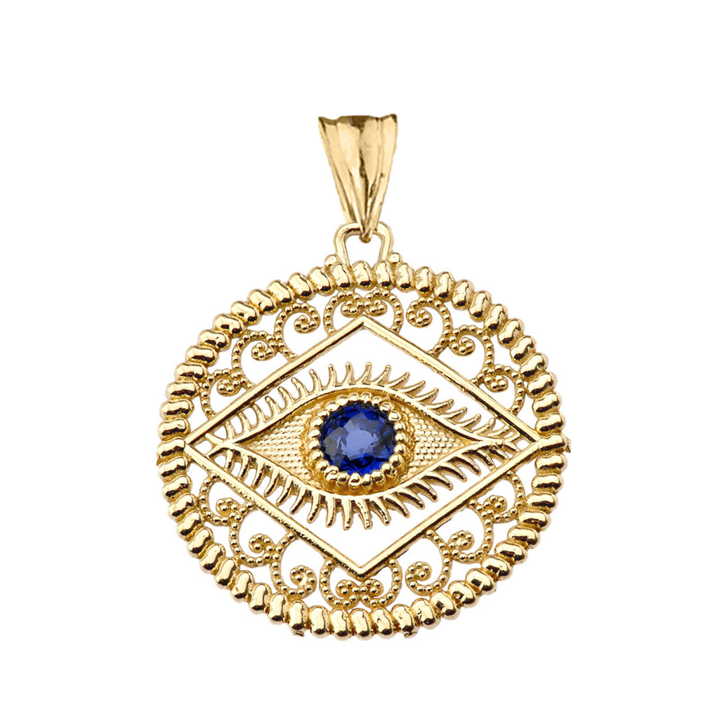 Solid Gold Round Filigree Evil Eye Pendant Necklace, view 4