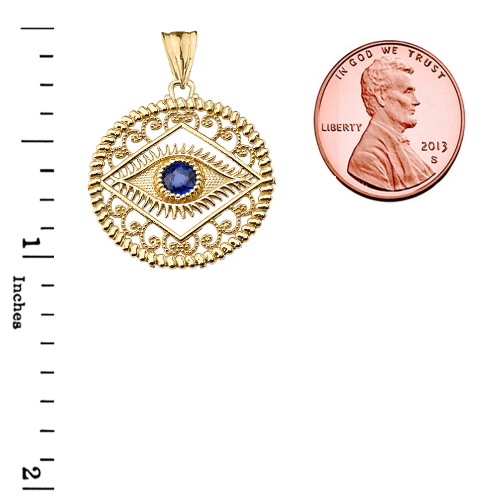Solid Gold Round Filigree Evil Eye Pendant Necklace, view 5