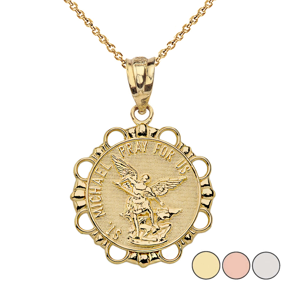 Solid Gold Round Saint Michael Pendant Necklace