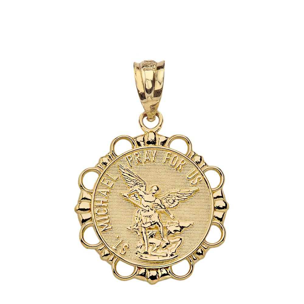 Solid Gold Round Saint Michael Pendant Necklace, view 2