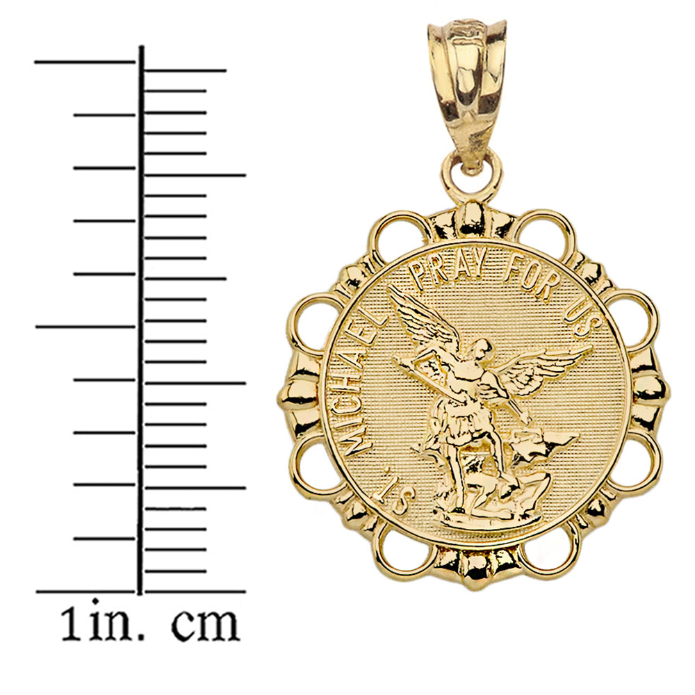 Solid Gold Round Saint Michael Pendant Necklace, view 3