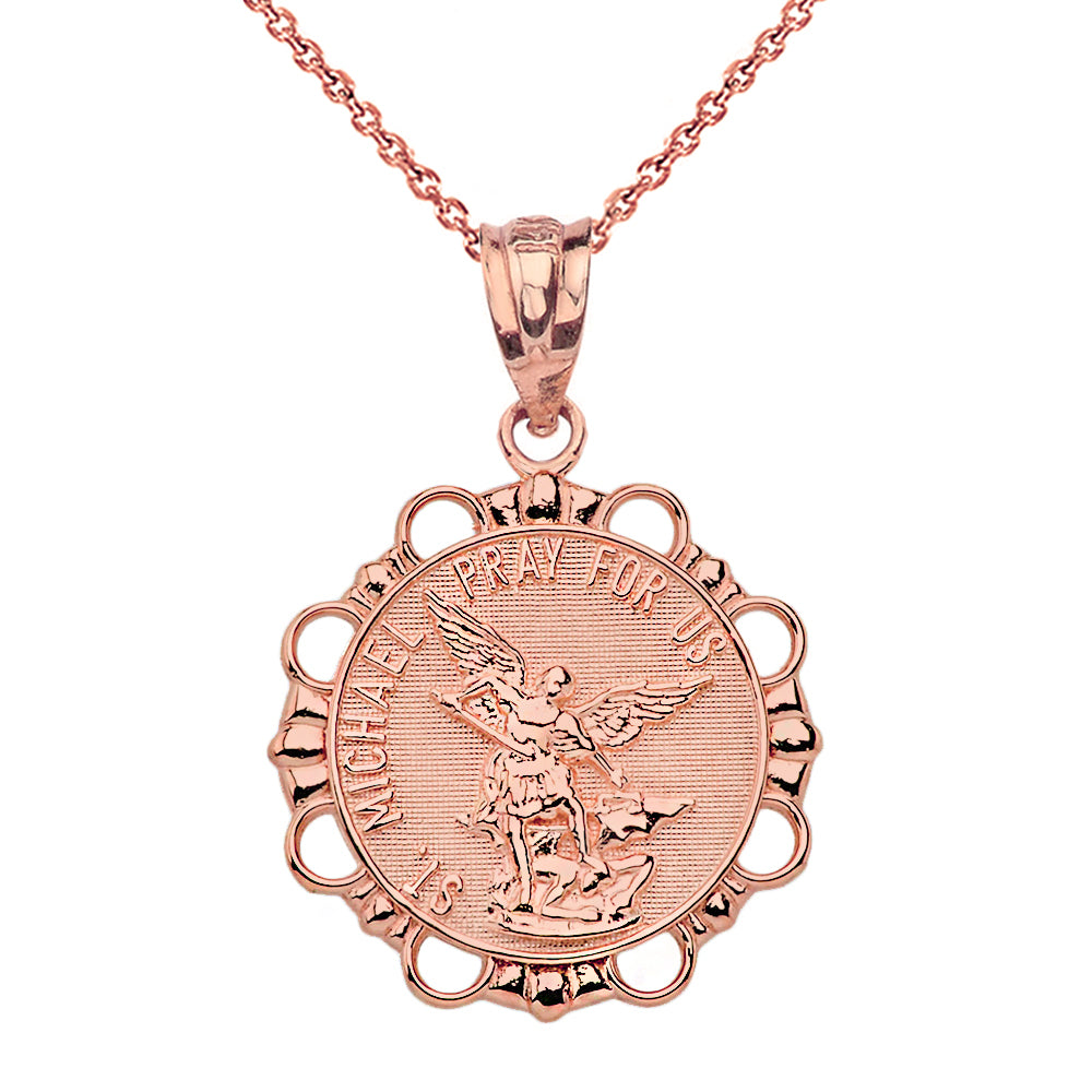 Solid Gold Round Saint Michael Pendant Necklace, view 4