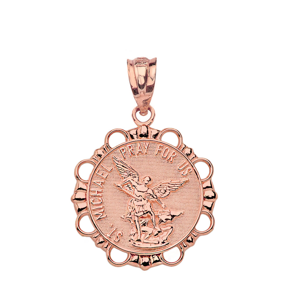 Solid Gold Round Saint Michael Pendant Necklace, view 5