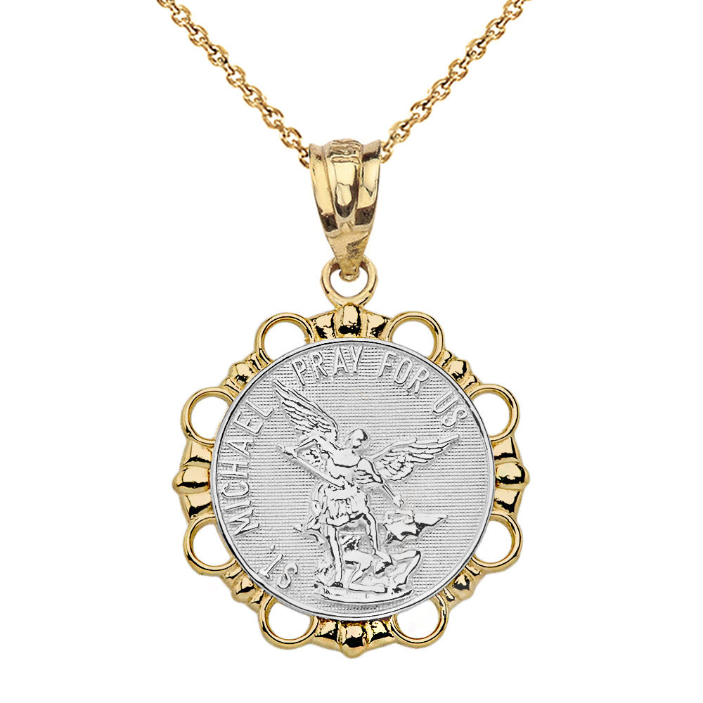 Solid Gold Round Saint Michael Pendant Necklace, view 8