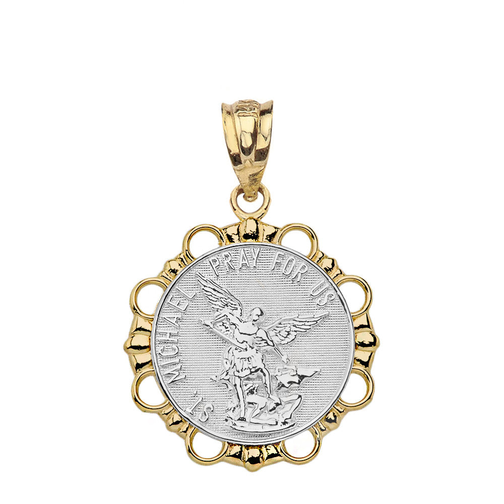 Solid Gold Round Saint Michael Pendant Necklace, view 9