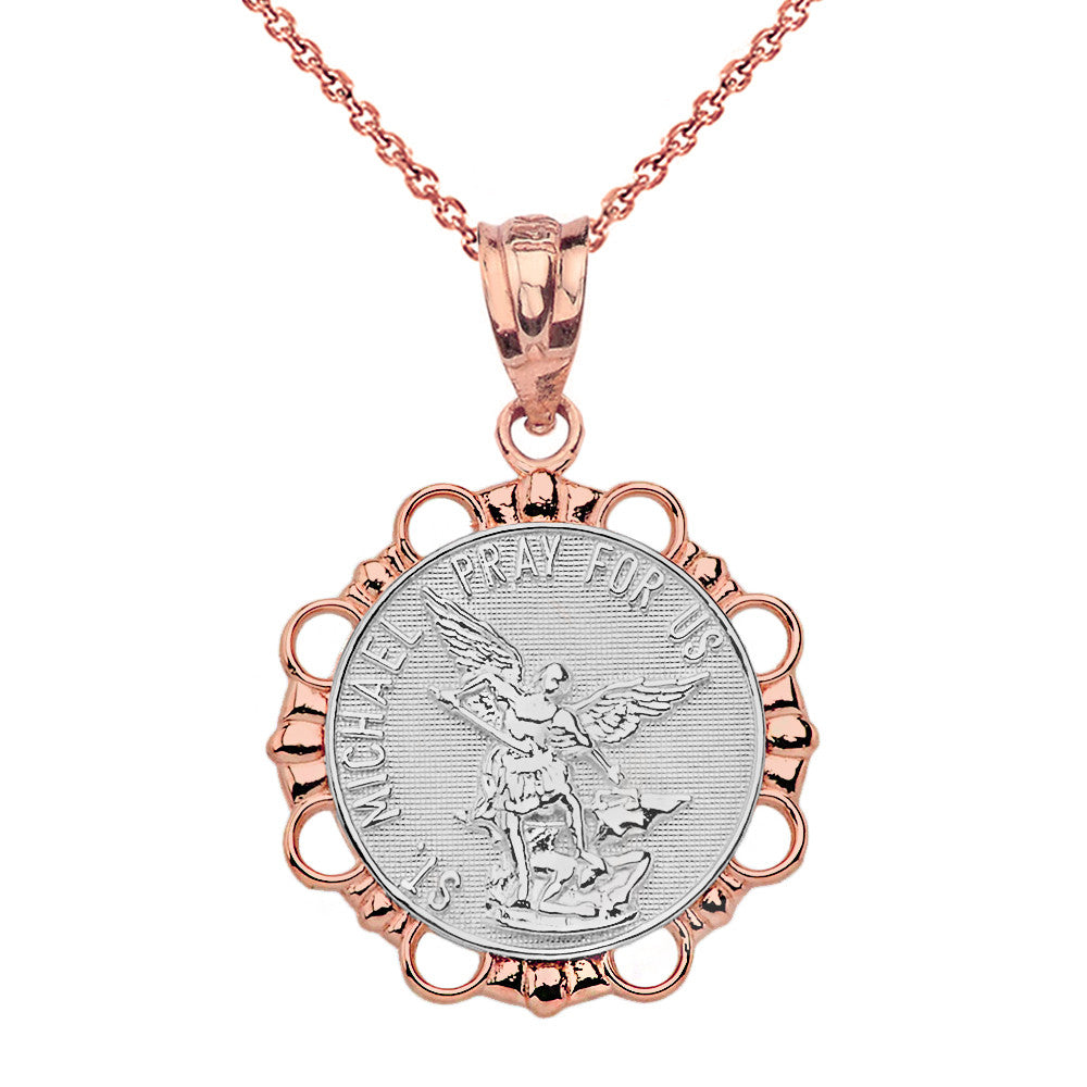 Solid Gold Round Saint Michael Pendant Necklace, view 10