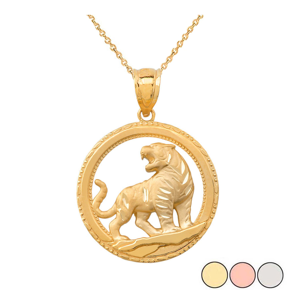 Solid Gold Round Tiger Pendant Necklace