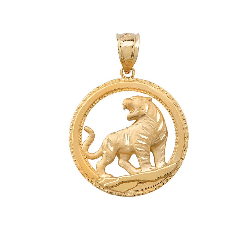 Solid Gold Round Tiger Pendant Necklace, view 2
