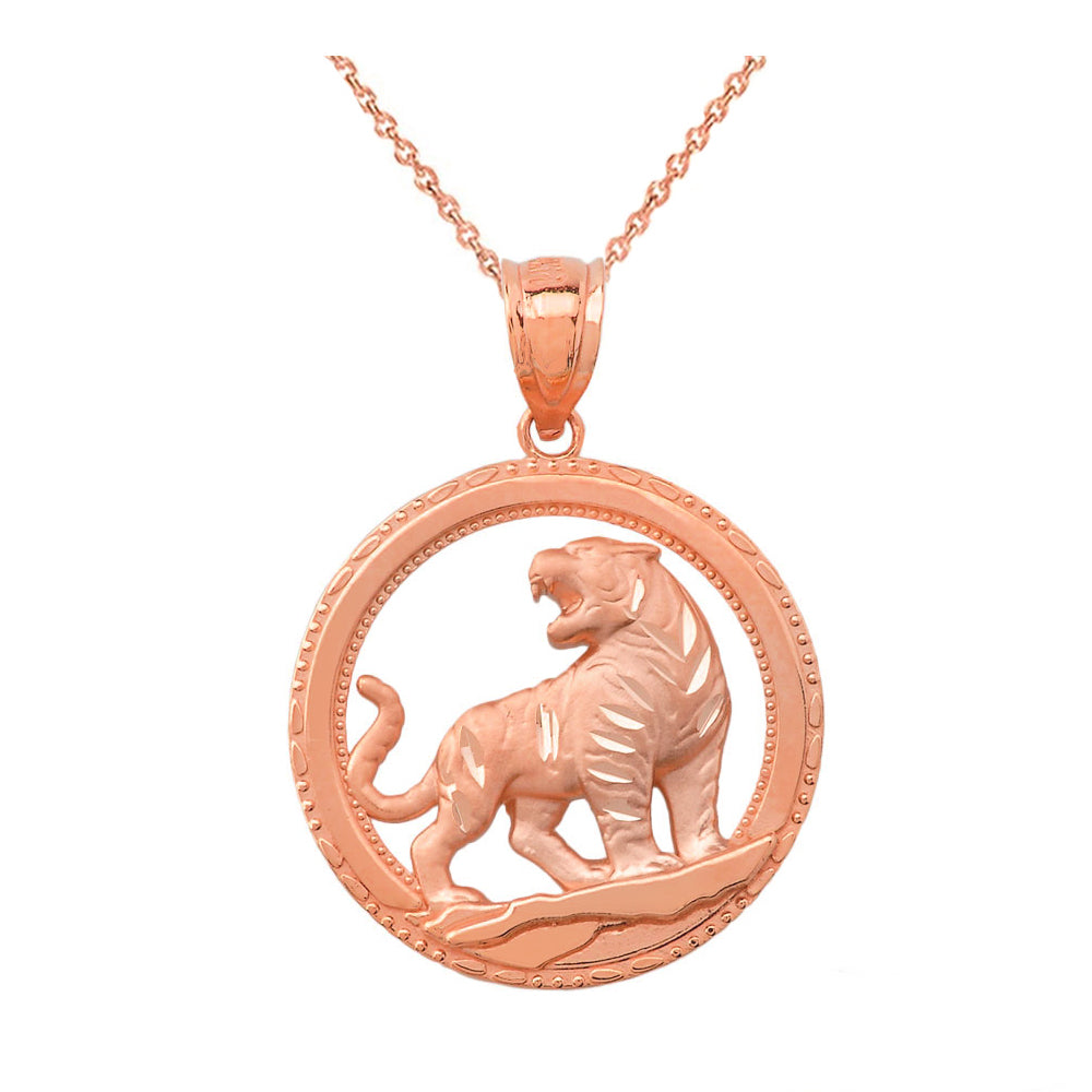 Solid Gold Round Tiger Pendant Necklace, view 3