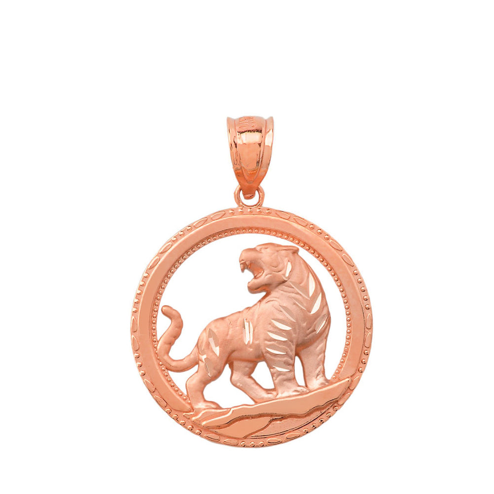Solid Gold Round Tiger Pendant Necklace, view 4