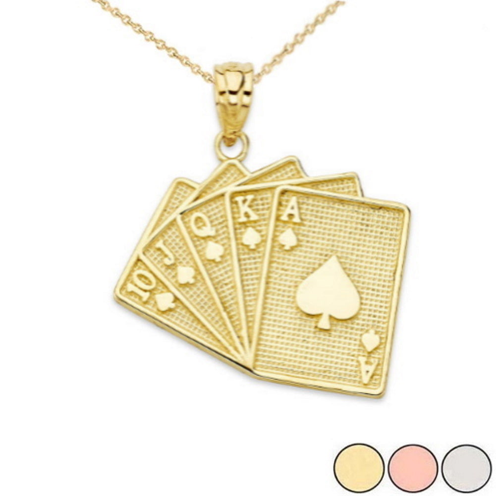 Solid Gold Royal Flush Card Pendant Necklace