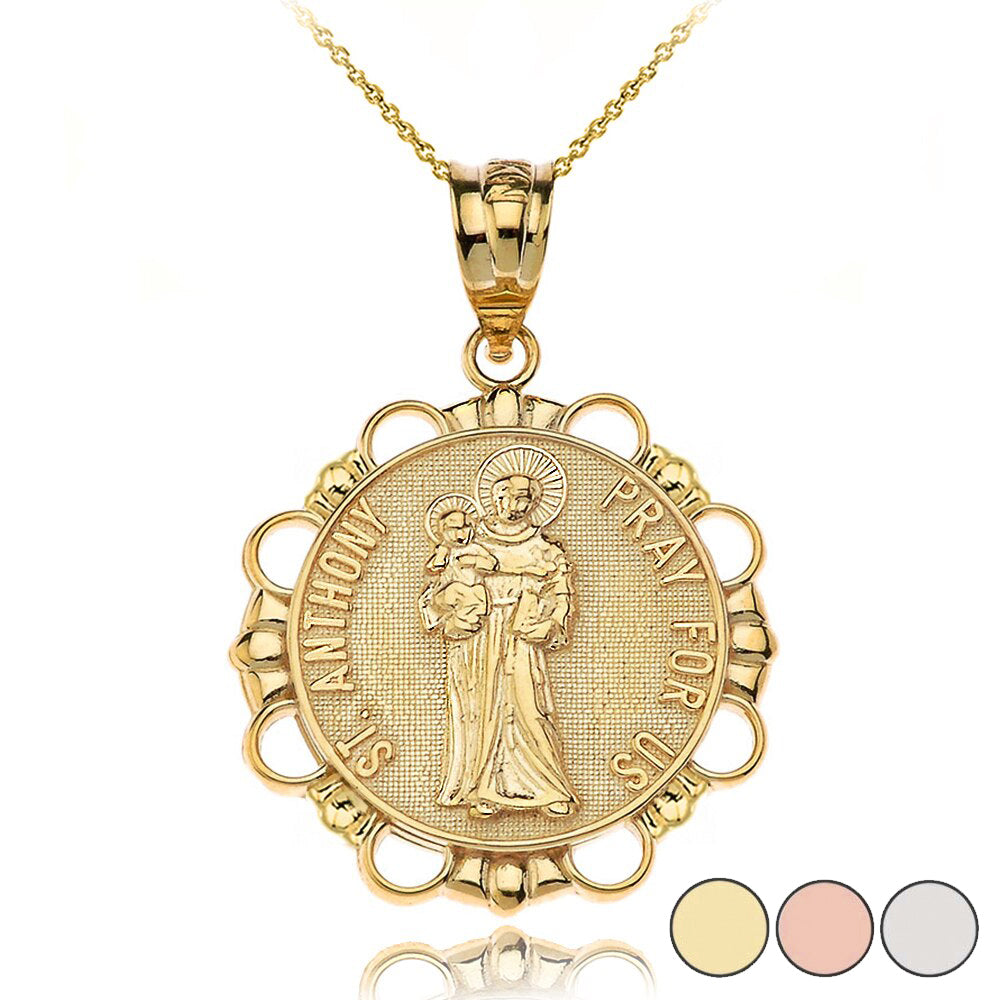 Solid Gold Saint Anthony Pray For Us Circle Pendant Necklace