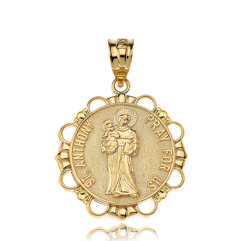 Solid Gold Saint Anthony Pray For Us Circle Pendant Necklace, view 2