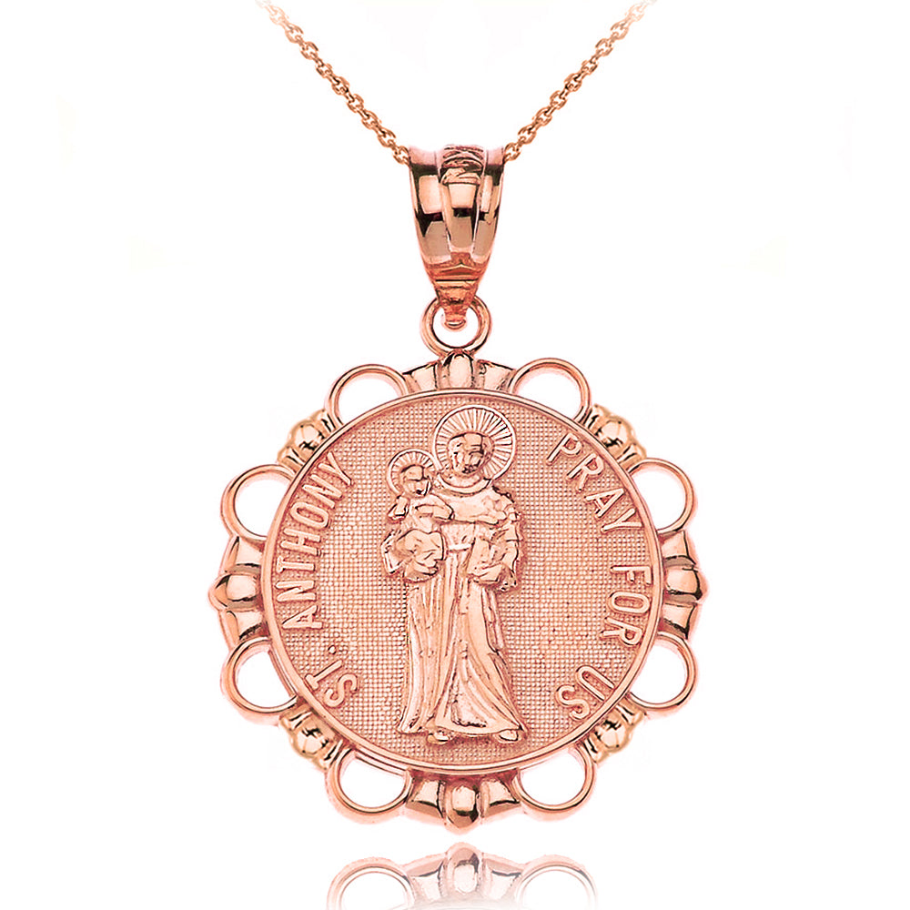 Solid Gold Saint Anthony Pray For Us Circle Pendant Necklace, view 4