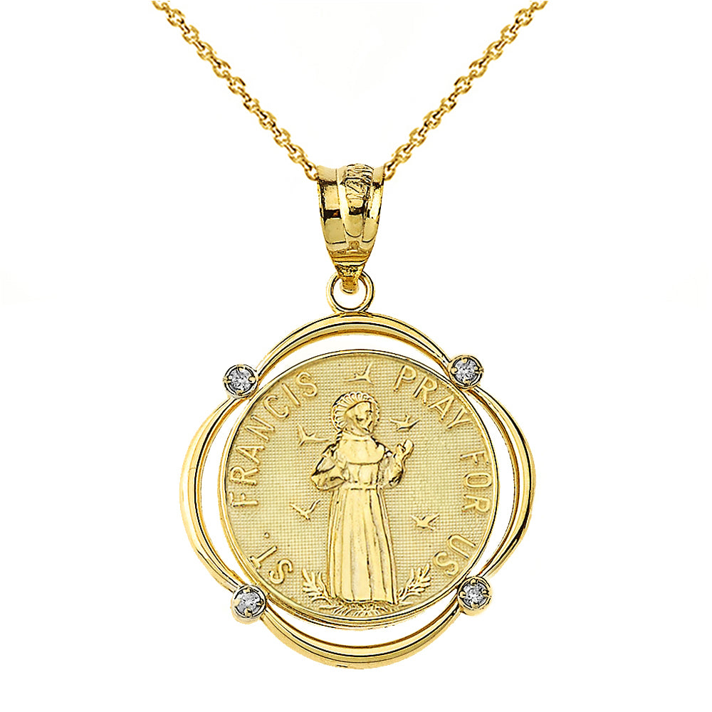 Solid Gold Saint Francis Pray For Us Diamond Circular Frame Pendant Necklace