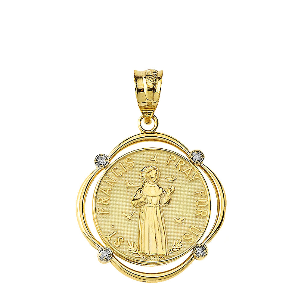 Solid Gold Saint Francis Pray For Us Diamond Circular Frame Pendant Necklace, view 2