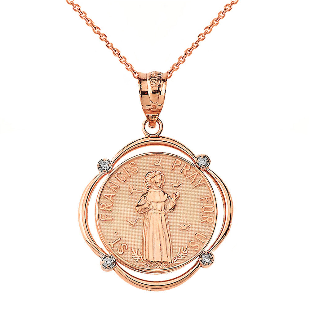Solid Gold Saint Francis Pray For Us Diamond Circular Frame Pendant Necklace, view 4