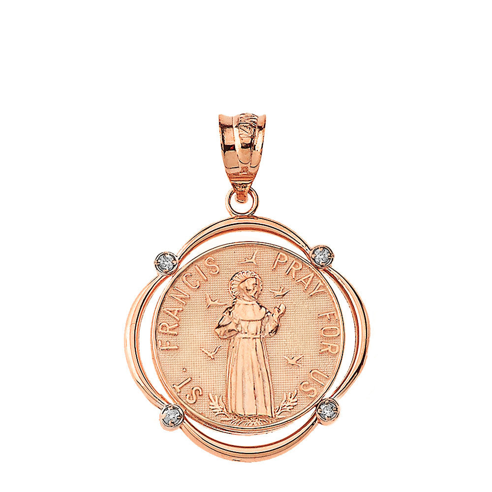 Solid Gold Saint Francis Pray For Us Diamond Circular Frame Pendant Necklace, view 5