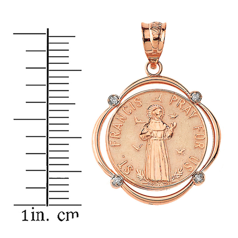 Solid Gold Saint Francis Pray For Us Diamond Circular Frame Pendant Necklace, view 6