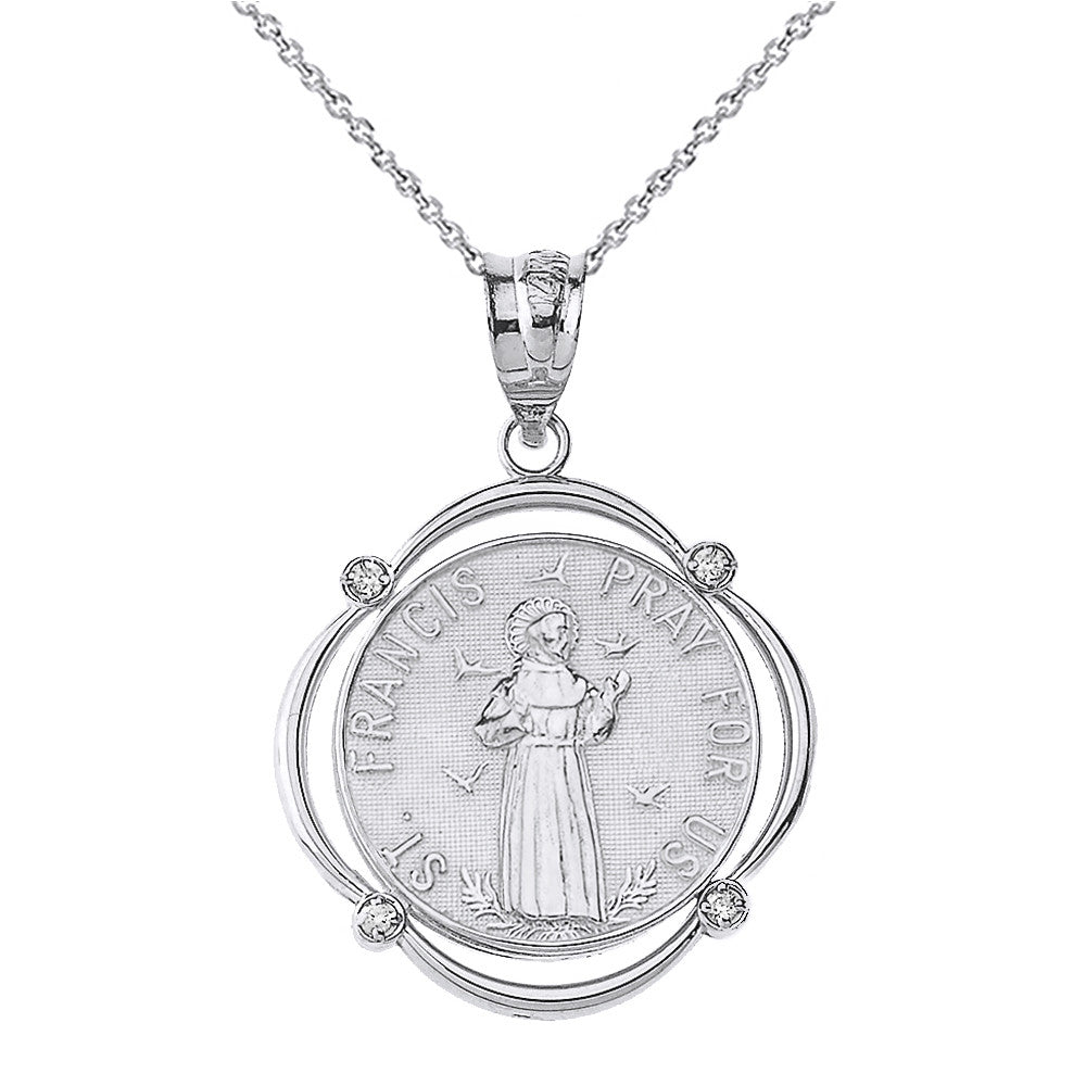 Solid Gold Saint Francis Pray For Us Diamond Circular Frame Pendant Necklace, view 7