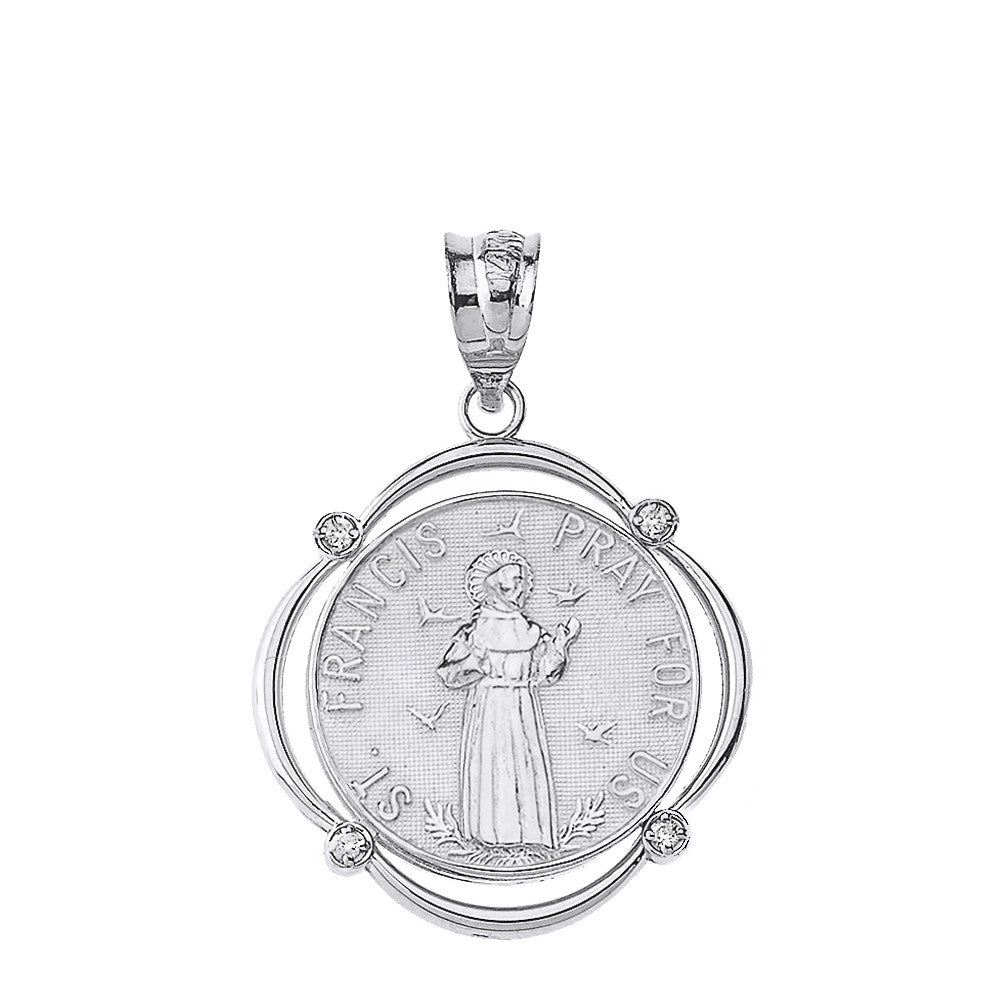 Solid Gold Saint Francis Pray For Us Diamond Circular Frame Pendant Necklace, view 8