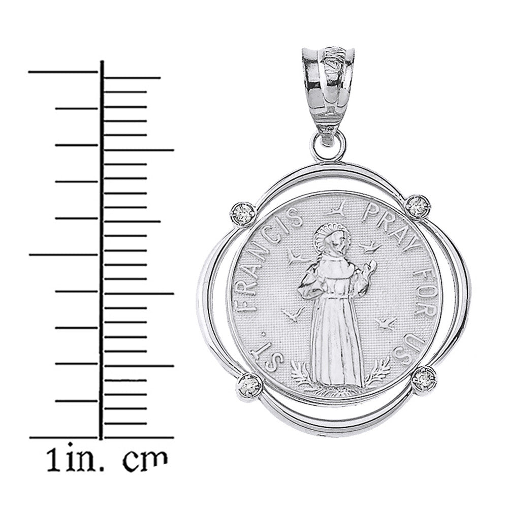 Solid Gold Saint Francis Pray For Us Diamond Circular Frame Pendant Necklace, view 9