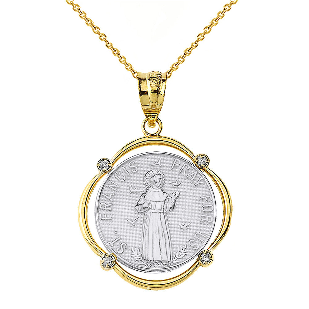 Solid Gold Saint Francis Pray For Us Diamond Circular Frame Pendant Necklace, view 10