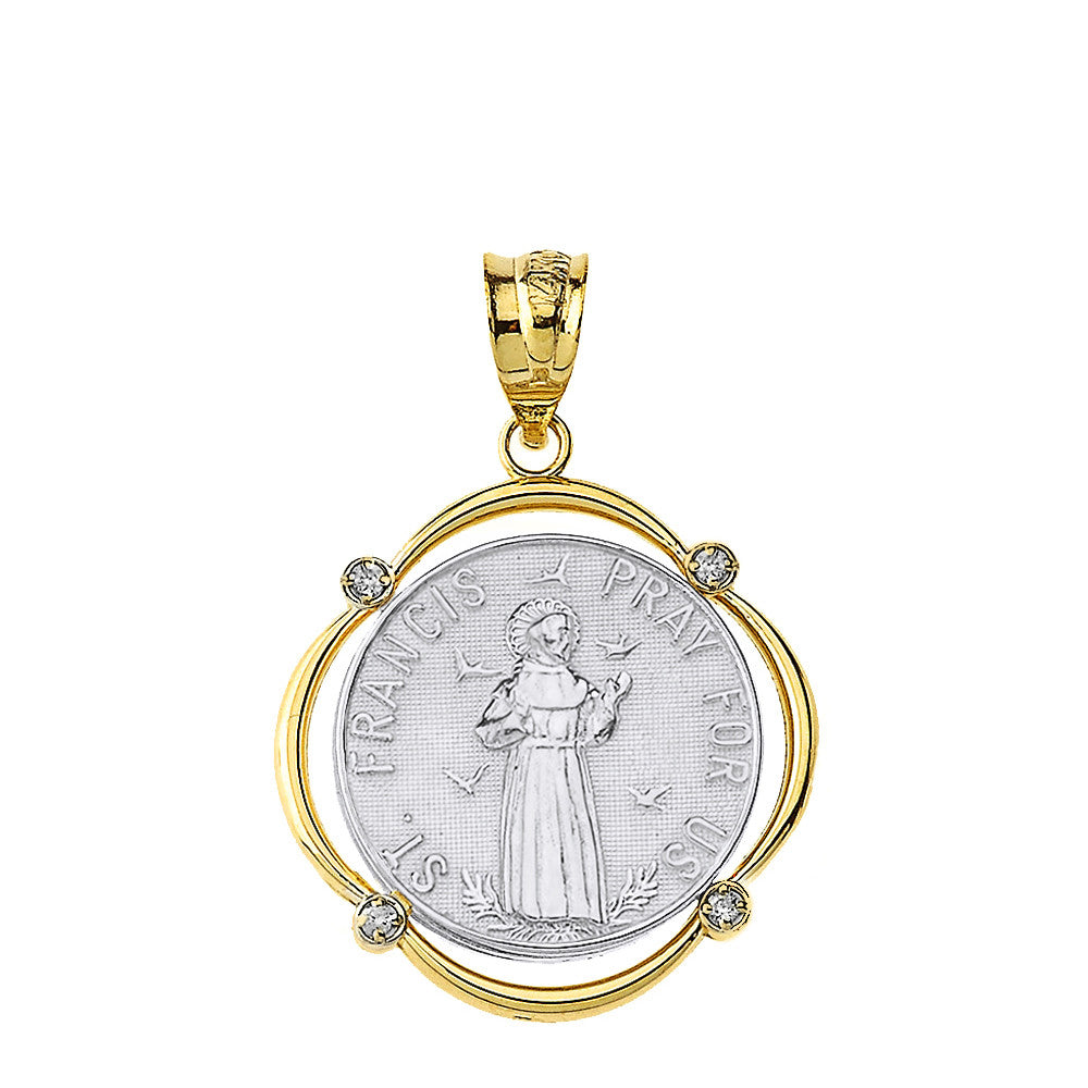 Solid Gold Saint Francis Pray For Us Diamond Circular Frame Pendant Necklace, view 11