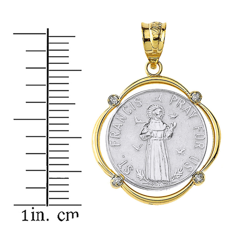 Solid Gold Saint Francis Pray For Us Diamond Circular Frame Pendant Necklace, view 12