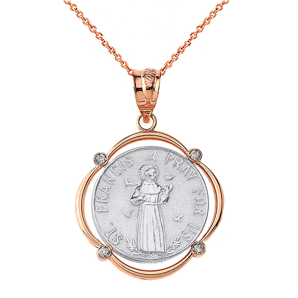 Solid Gold Saint Francis Pray For Us Diamond Circular Frame Pendant Necklace, view 13
