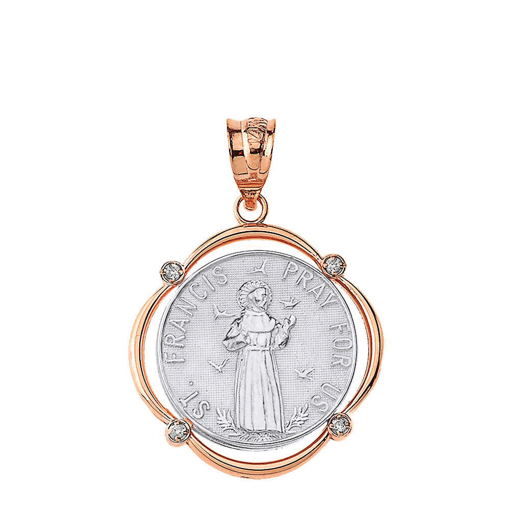 Solid Gold Saint Francis Pray For Us Diamond Circular Frame Pendant Necklace, view 14