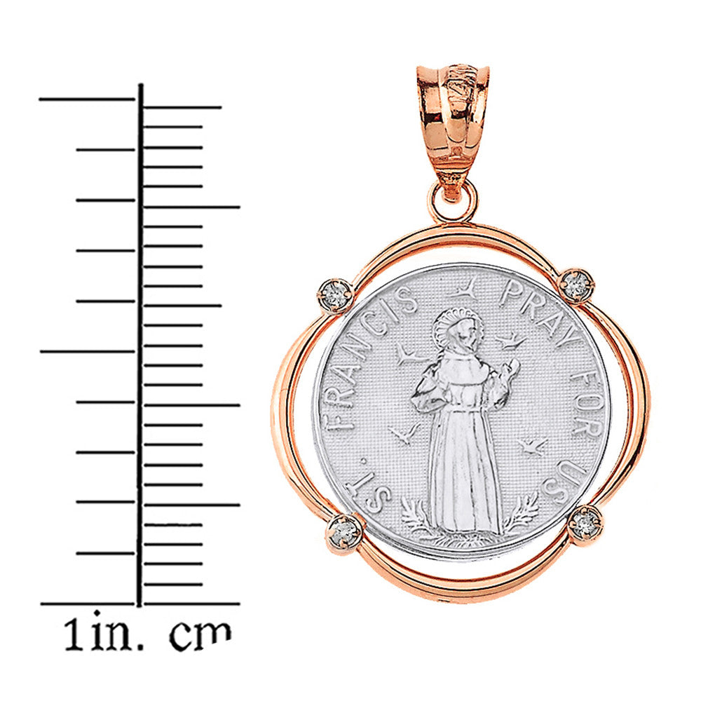 Solid Gold Saint Francis Pray For Us Diamond Circular Frame Pendant Necklace, view 15