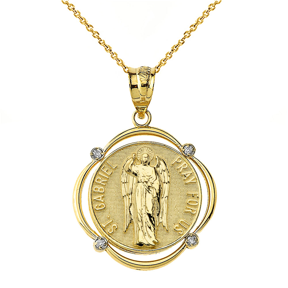 Solid Gold Saint Gabriel Pray For Us Diamond Circular Frame Pendant Necklace