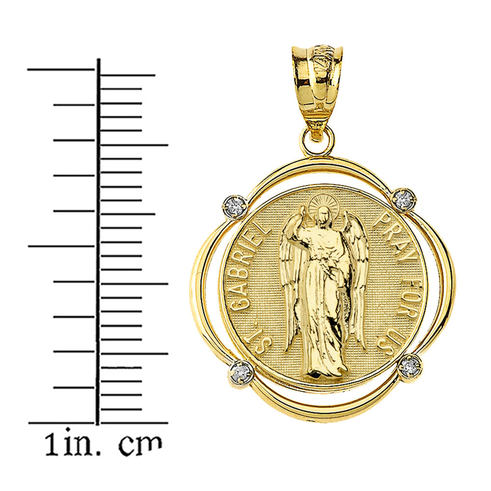 Solid Gold Saint Gabriel Pray For Us Diamond Circular Frame Pendant Necklace, view 3