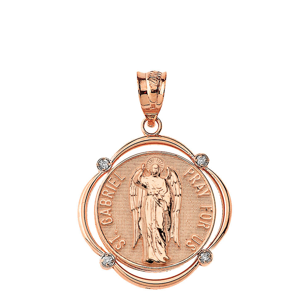 Solid Gold Saint Gabriel Pray For Us Diamond Circular Frame Pendant Necklace, view 5